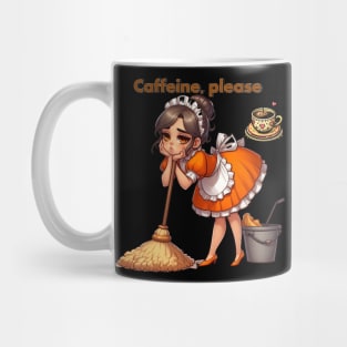 A drawing of a young woman cleaning the house and wanting a cup of coffee. Mug